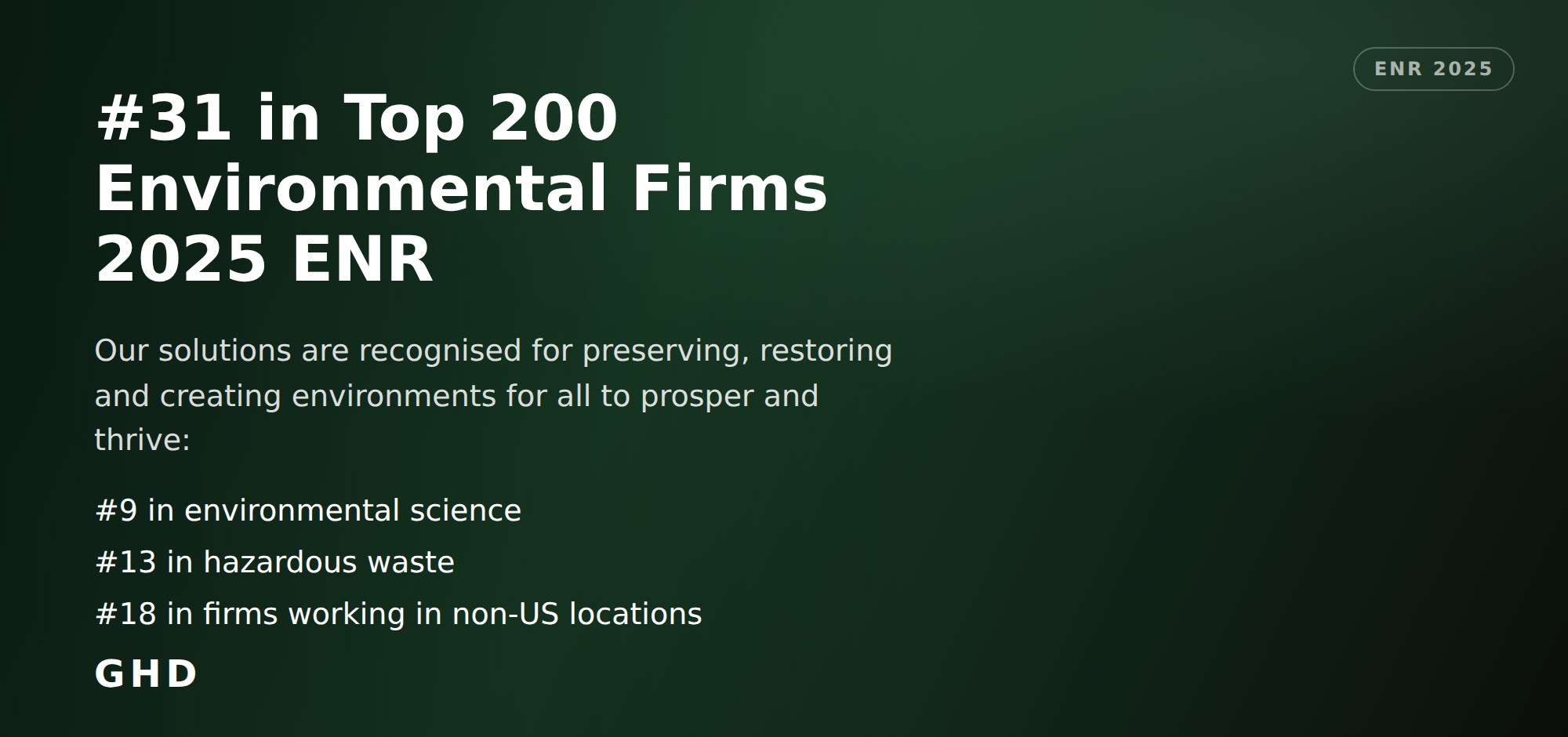 GHD — #31 in ENR's Top 200 Environmental Firms 2025; #9 environmental science, #13 hazardous waste, #18 firms working in non-US locations